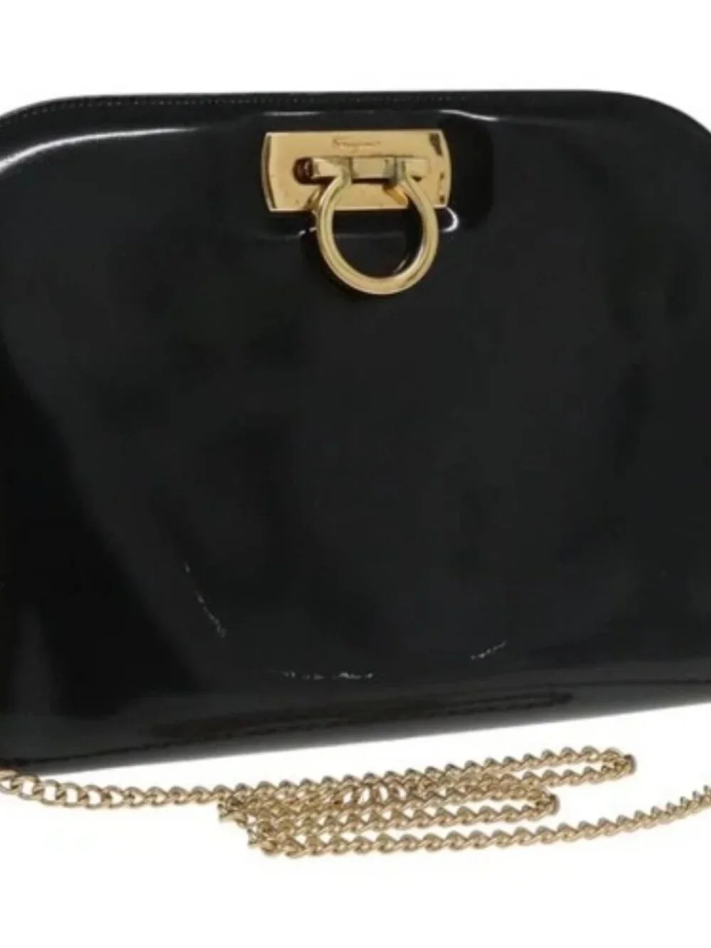 Salvatore Ferragamo Chain Shoulder Bag Enamel Black Gold Auth 101117